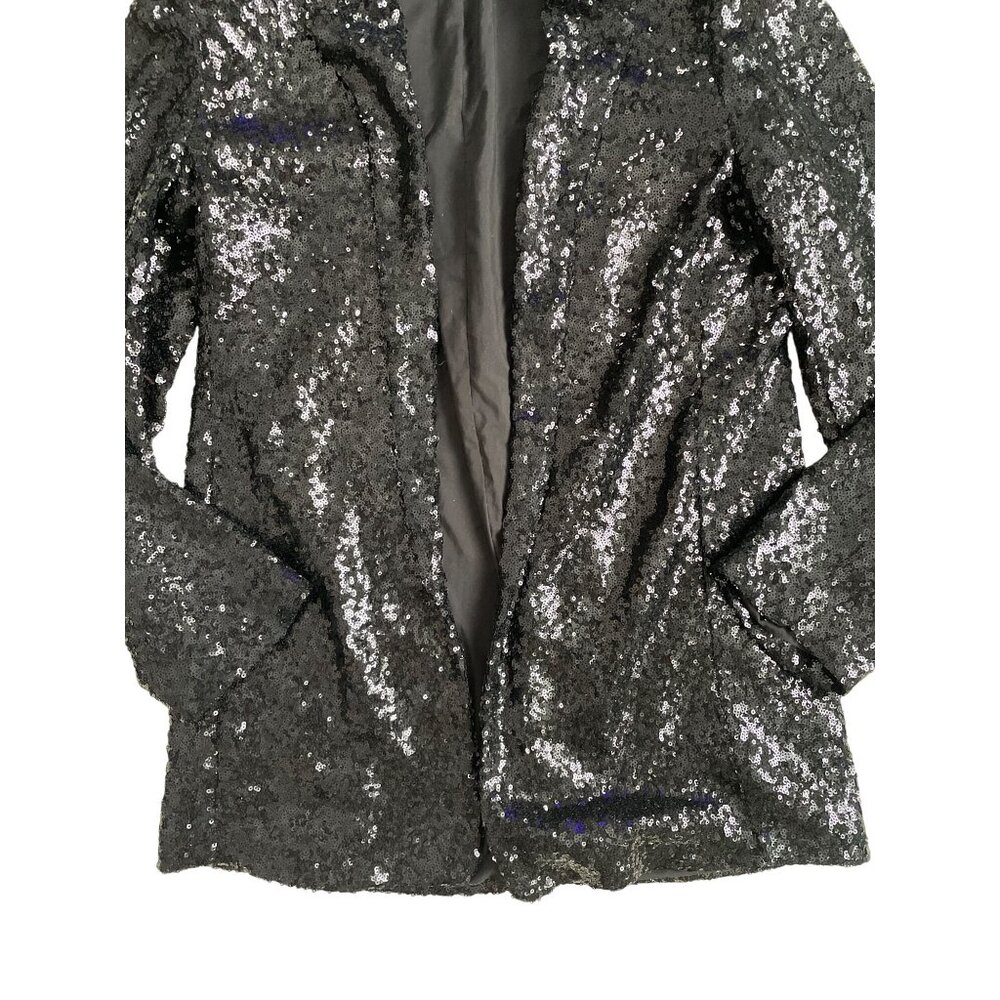 Express Sequin Blazer Women's Small Longline Black Open Front Lined Glam Club - Picture 2 of 8